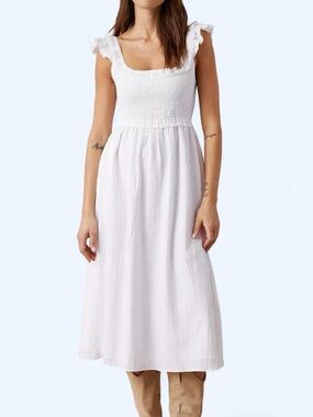 AE white crinkle smocked midi dress with ruffle